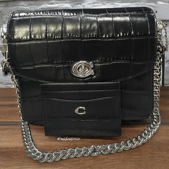 Coach Cassie Croc Leather Crossbody + Cardholder in Black/Silver NWT - Picture 2 of 12